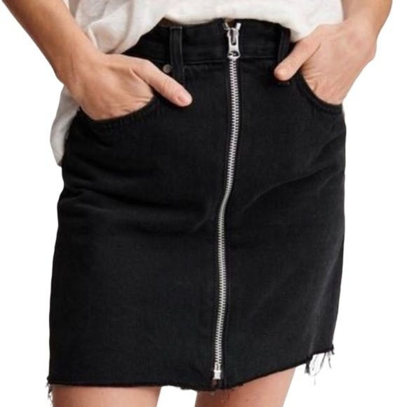 rag & bone Dresses & Skirts - rag & bone Anna Raven Black Raw Hem Full Zip Front Mini Skirt Denim Size 24
